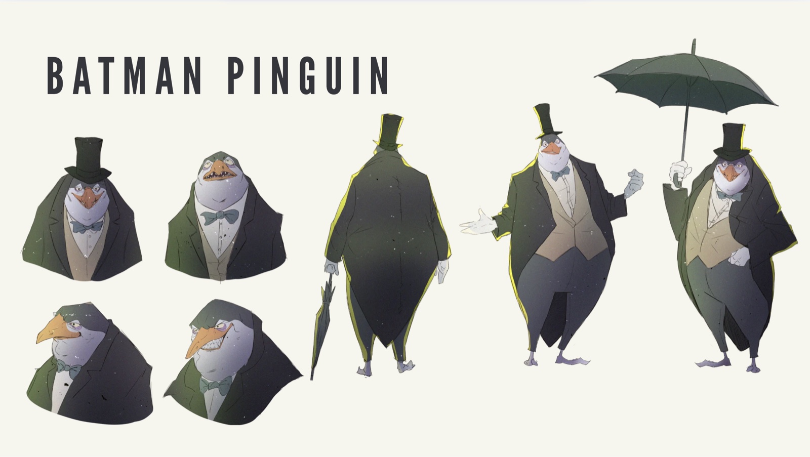 Batman Pinguin — character design d'un personnage en costume, haut-de-forme et parapluie