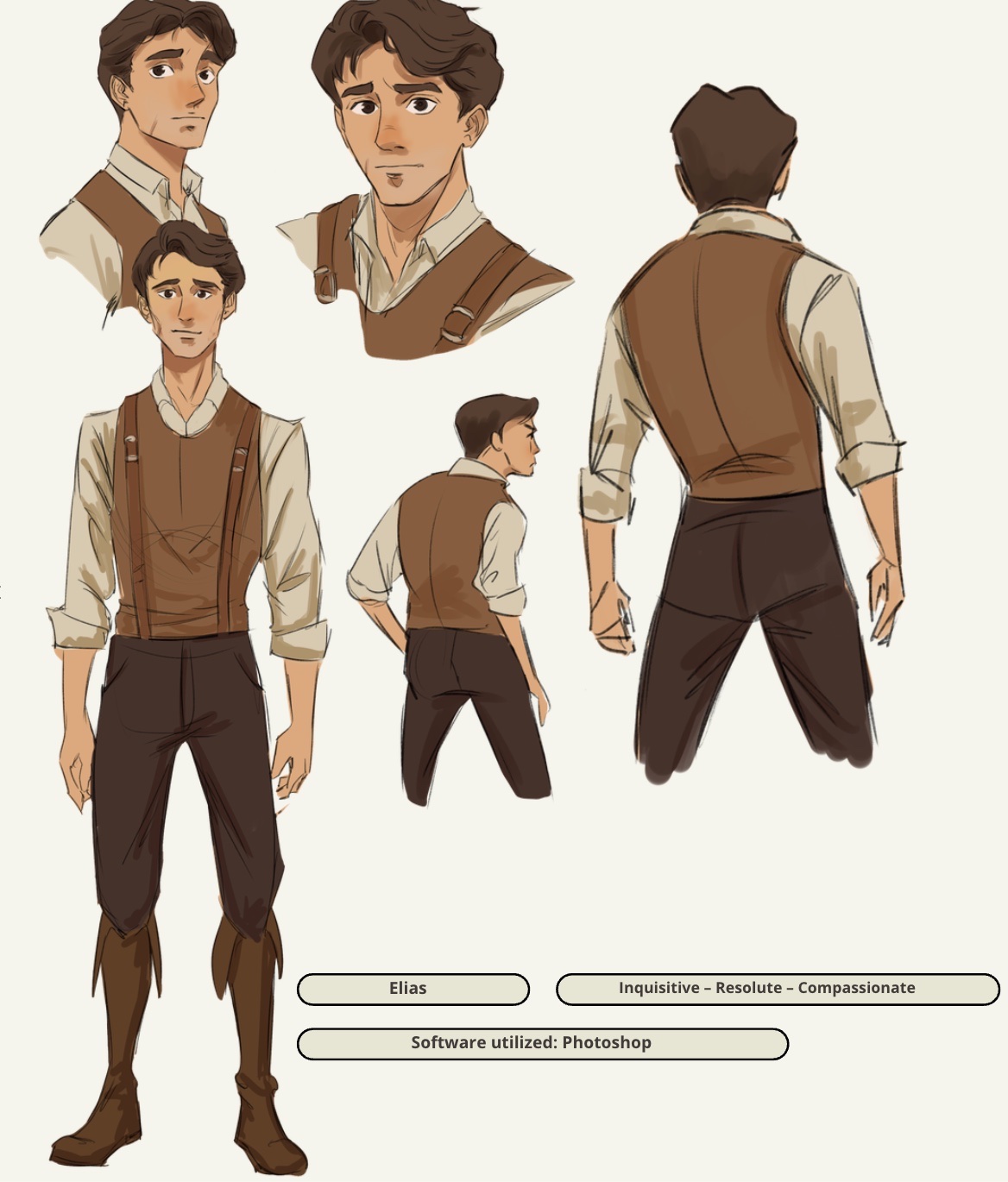 Elias — character design : turnaround, expressions et silhouette d'un jeune homme en tenue d'époque