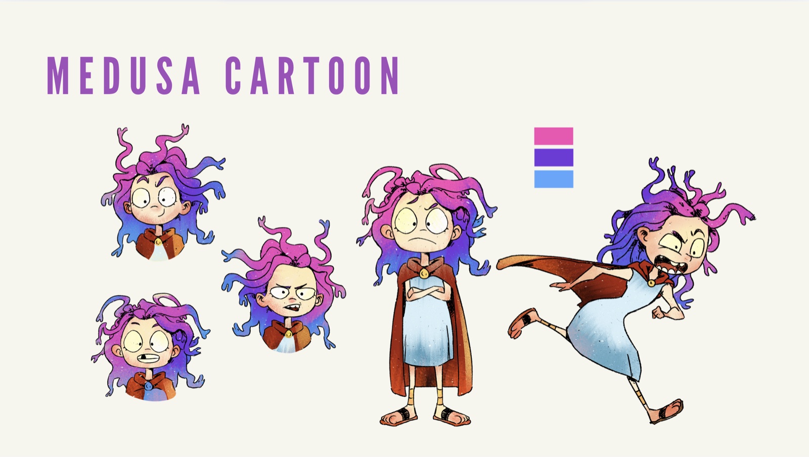 Medusa — character design en version cartoon : expressions et pose d'action