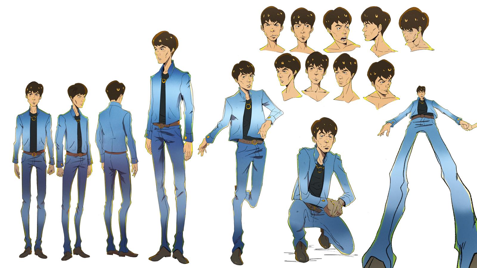 Les Roses — character design d'un personnage masculin : turnaround, expressions et poses