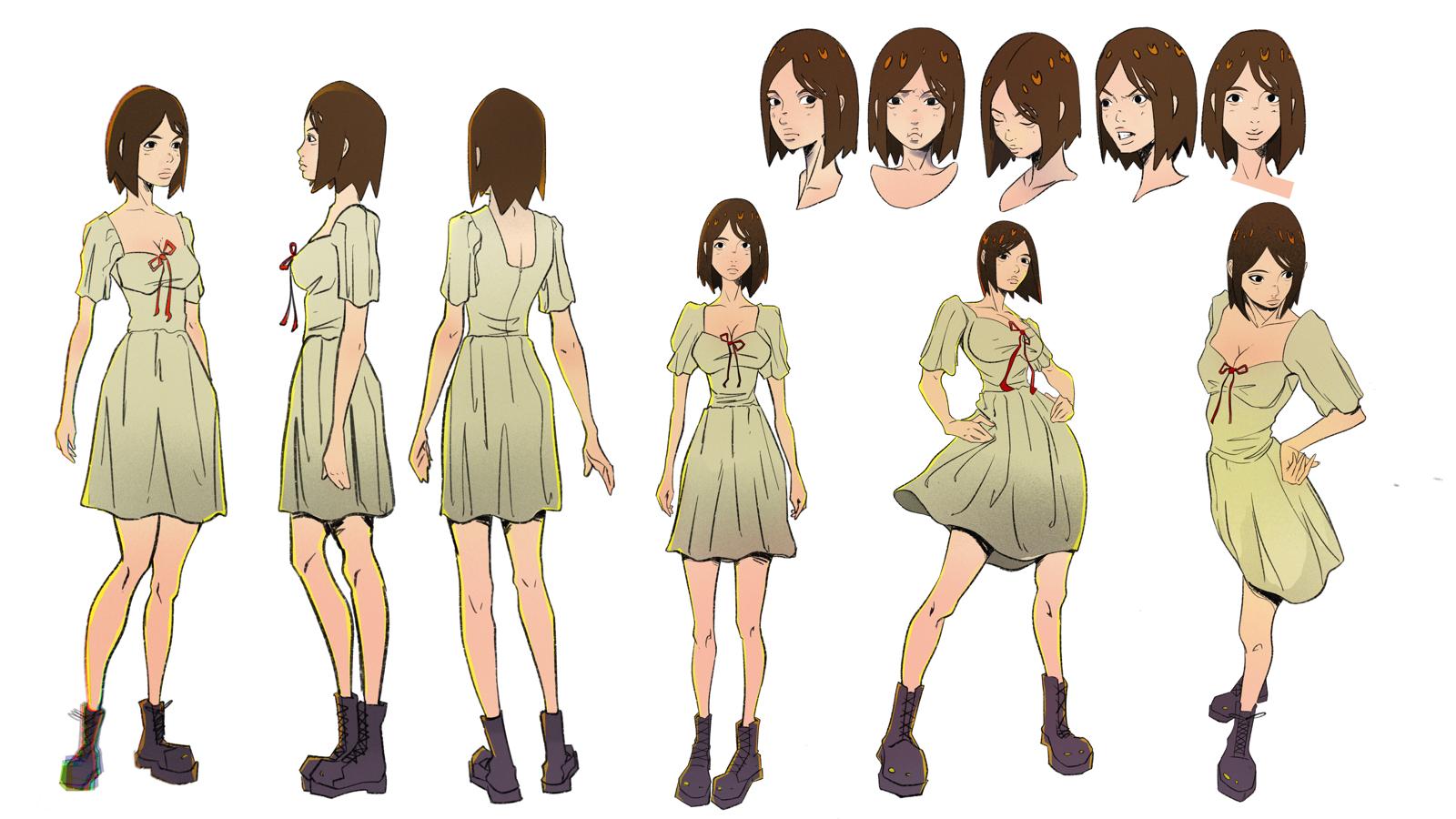 Les Roses — character design d'un personnage féminin : turnaround, expressions et poses