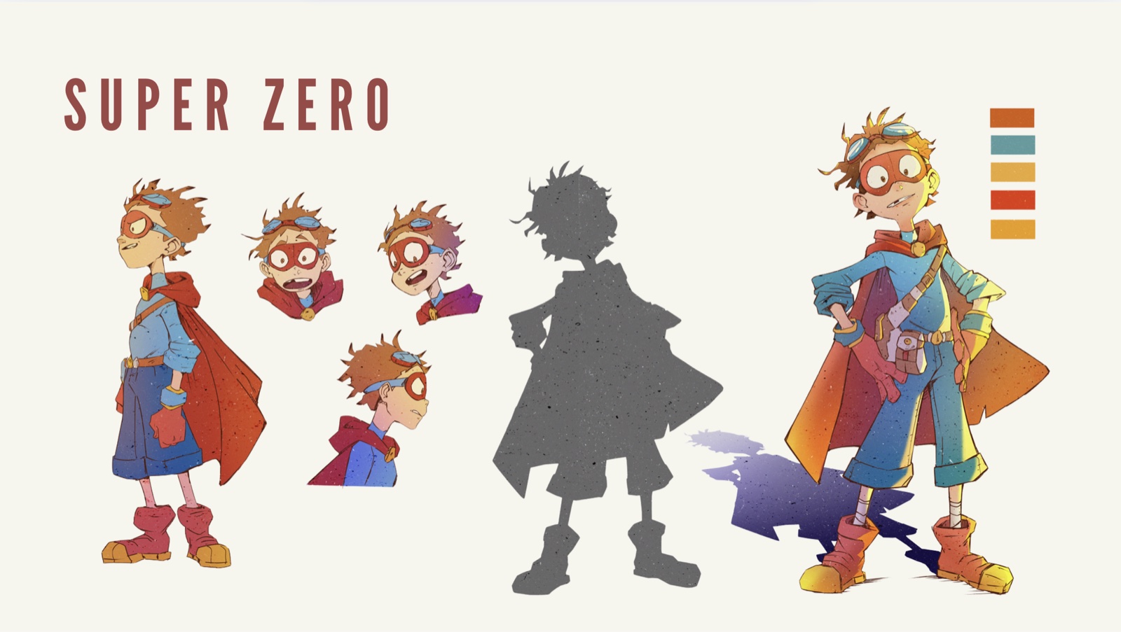 Super Zero — character design d'un jeune héros : expressions, silhouette et version couleur