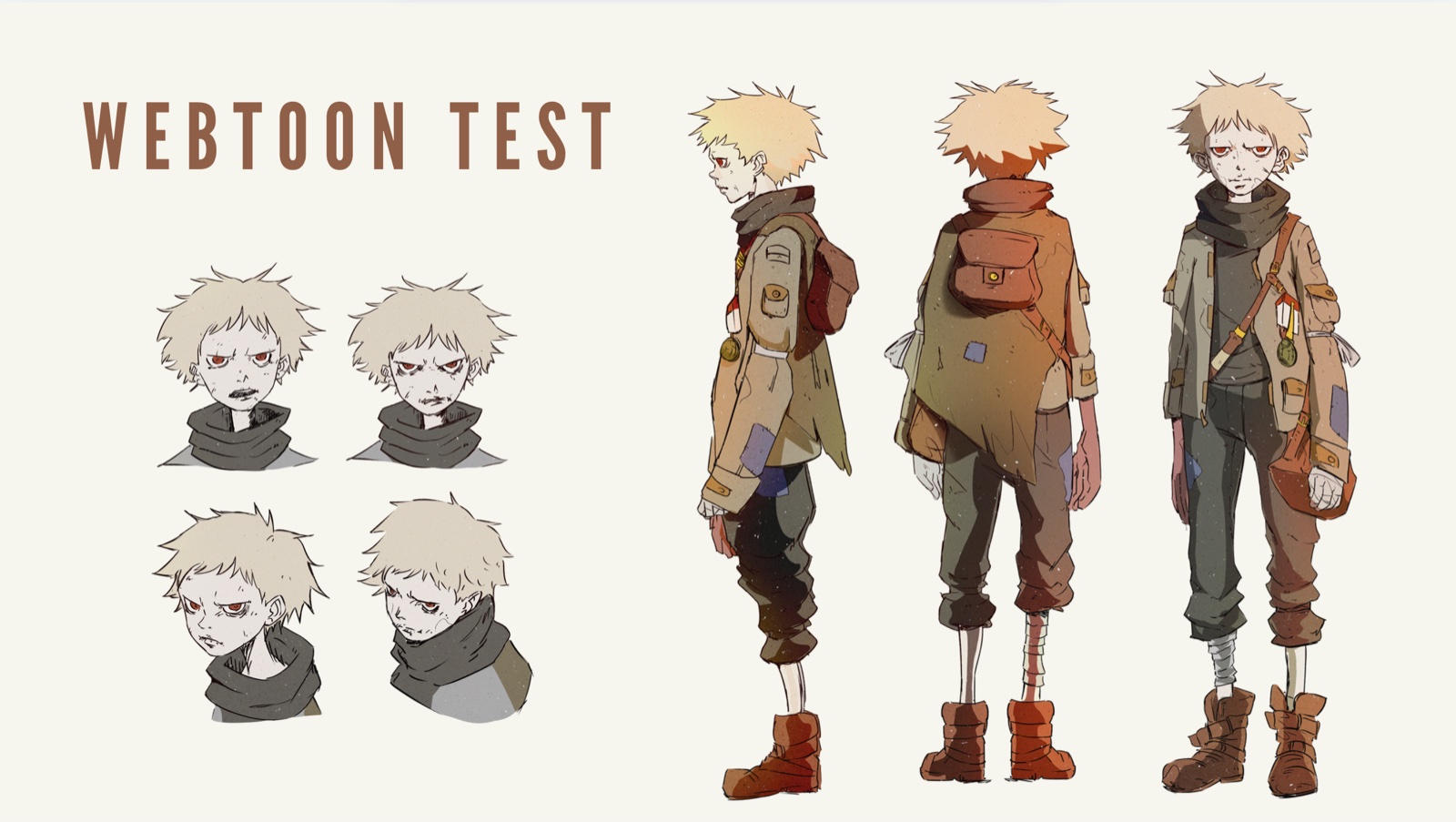 Webtoon — character design d'un personnage, expressions et tournette trois quarts