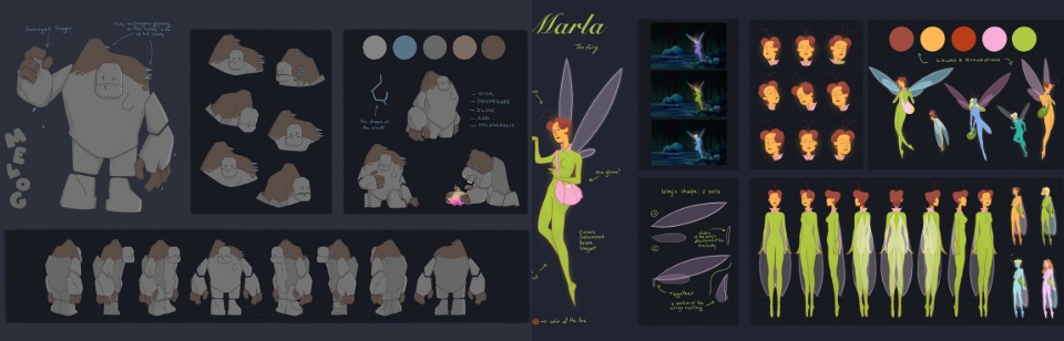 Fairydust — planches couleur : Melog en gris avec expressions et tournette, Marla la fée en couleur avec ambiances et formes d'ailes