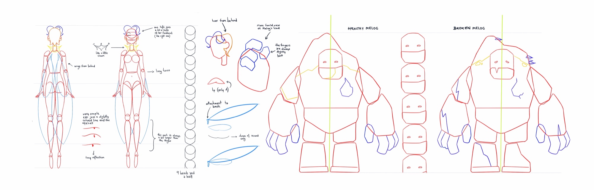 Fairydust — planches de construction au trait : turnaround et proportions de Marla, construction de Melog (Healthy et Broken)