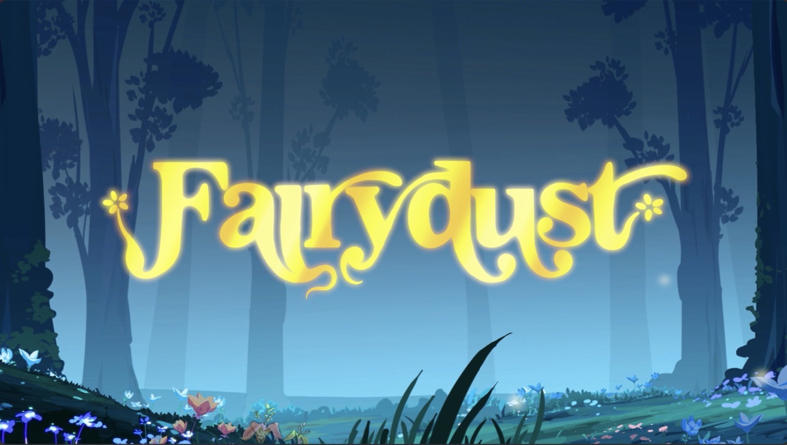 Fairydust — carte-titre du film d'animation 2D, logo doré sur une forêt enchantée
