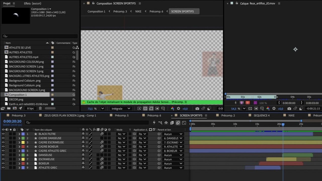 After Effects : la composition SCREEN SPORTIFS, quatre cadres parentés, rendue sur fond transparent