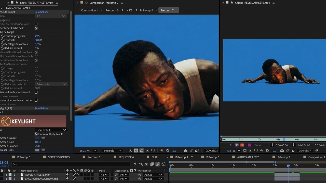 After Effects : le rush de l'athlète sur fond bleu, réglages Keylight visibles