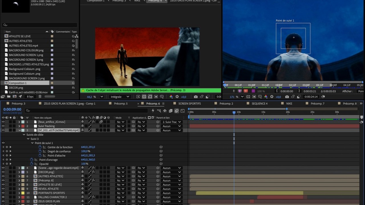 After Effects : le suivi de mouvement du plan du dôme, avec ses images clés