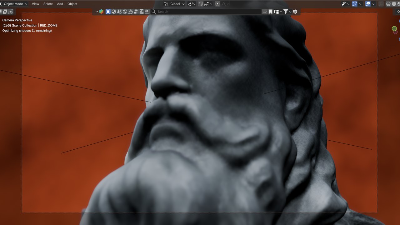 Scène Blender : gros plan sur le visage sculpté de Zeus