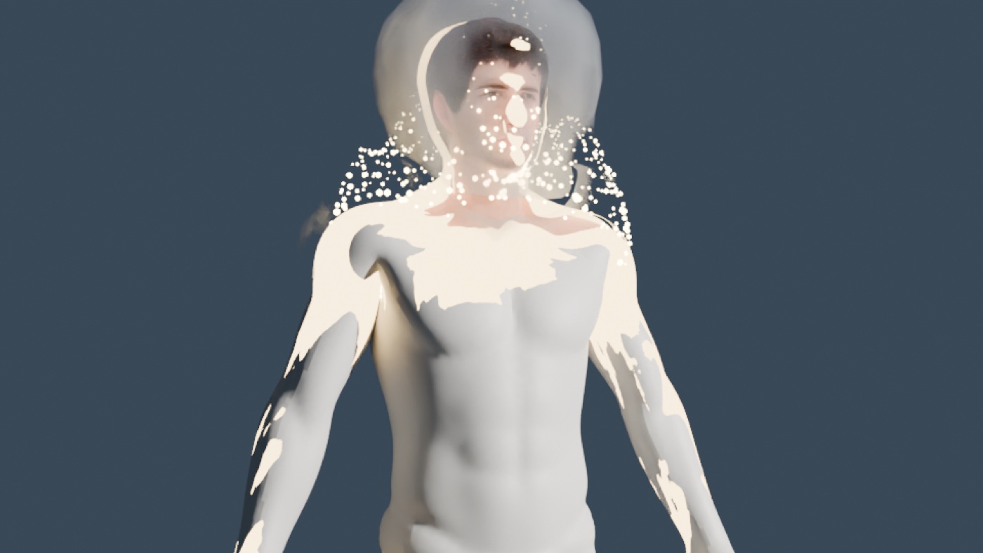 Render Blender : dissolution et particules autour du personnage