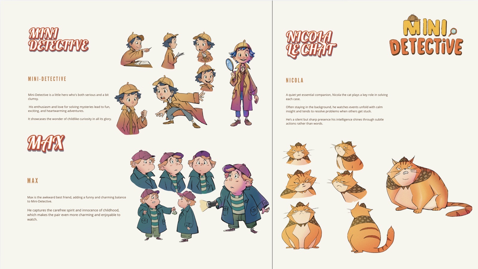Mini-Detective — planches de character design : Mini-Detective, Max et Nicola le Chat