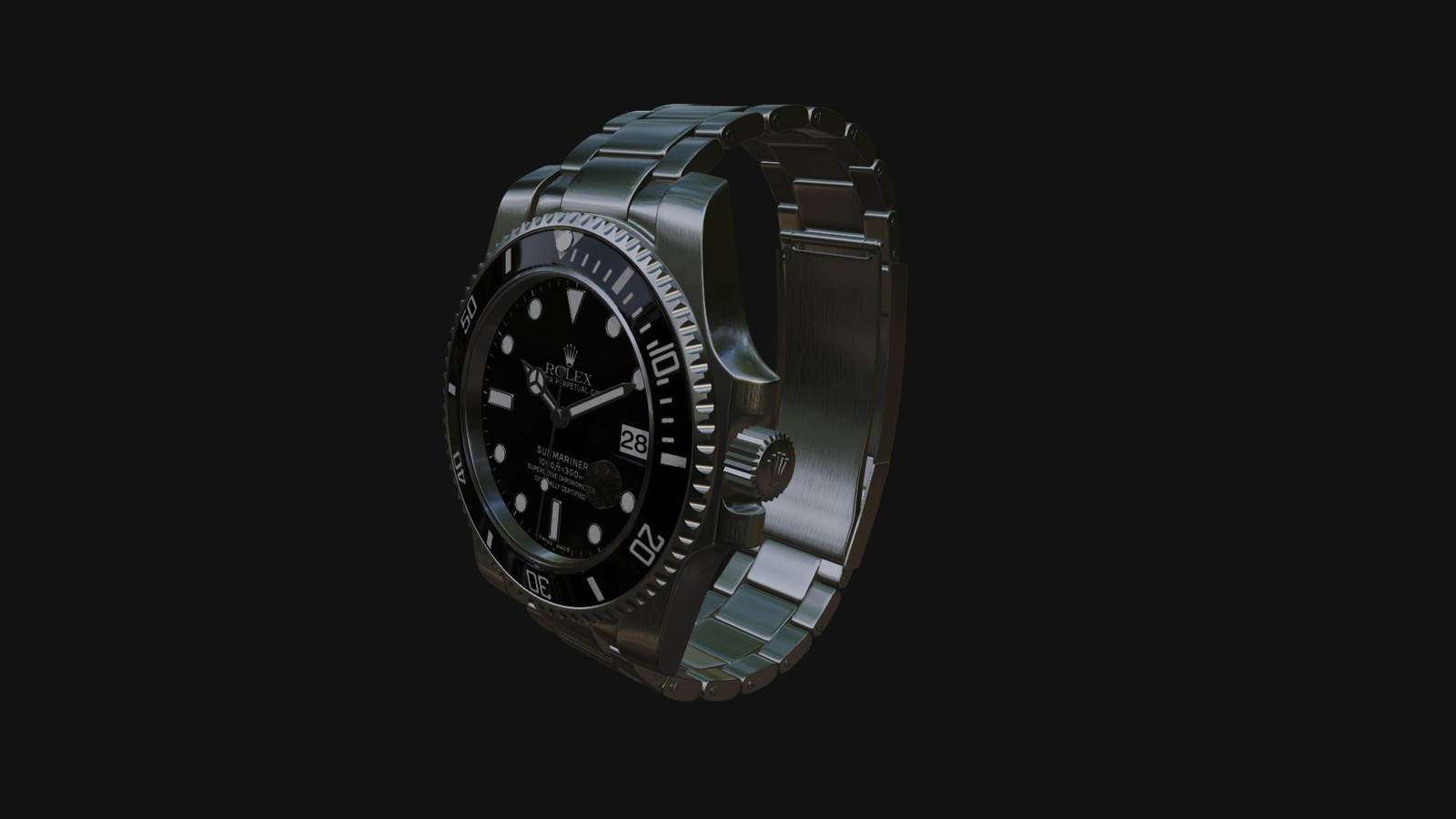 Scène Blender du film Rolex : la Submariner texturée, acier brossé, lunette céramique, cadran noir