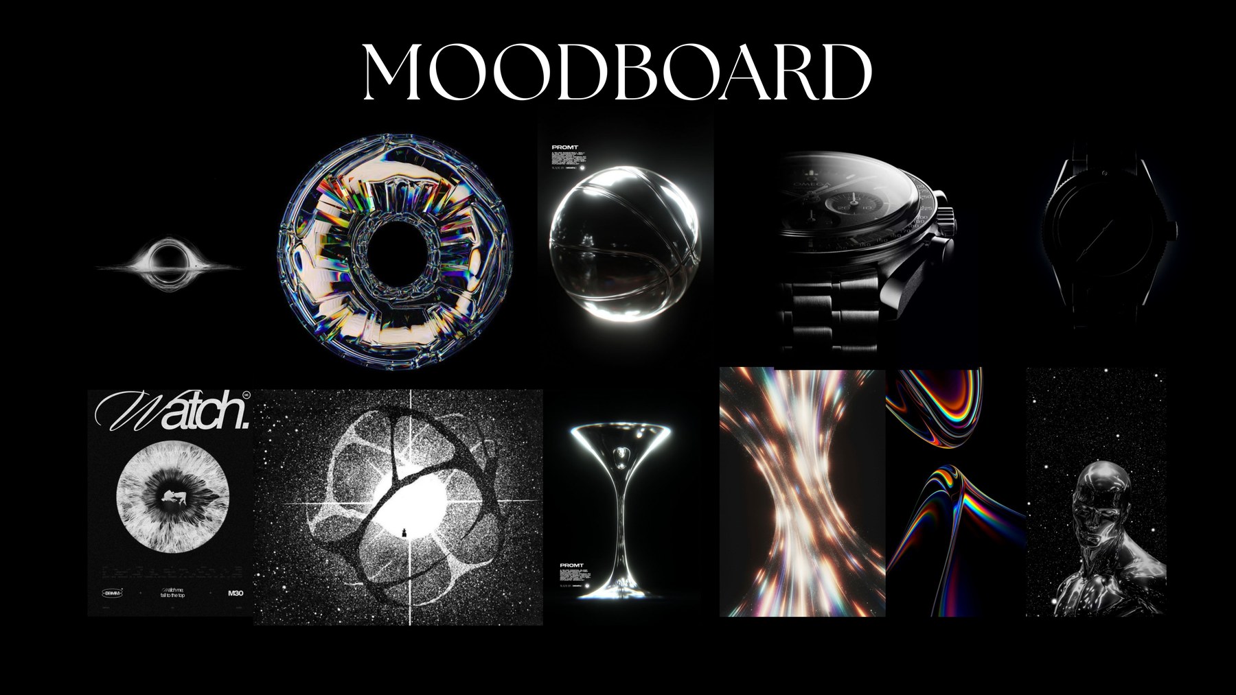Moodboard du film Rolex : fond noir, dispersion prismatique, montres en clair-obscur, chrome et échelle astronomique