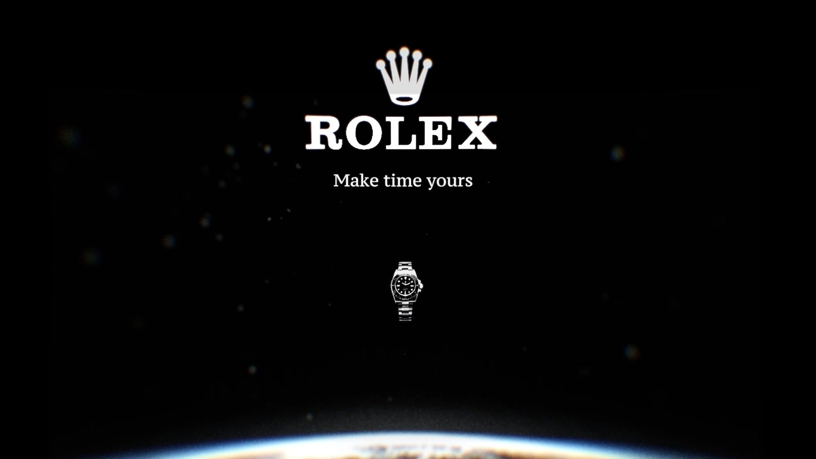 Plan 08 du film Rolex : logo Rolex couronné et Submariner suspendue au-dessus d'une planète