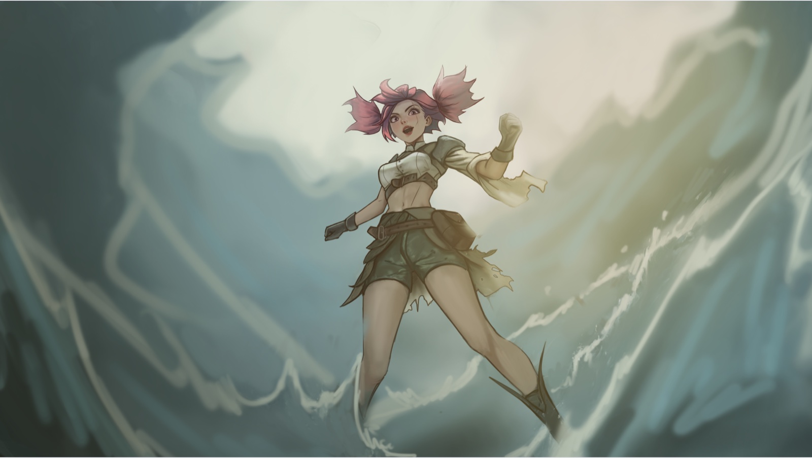 Speed painting — combattante aux cheveux roses en plein mouvement, étude de pose dynamique