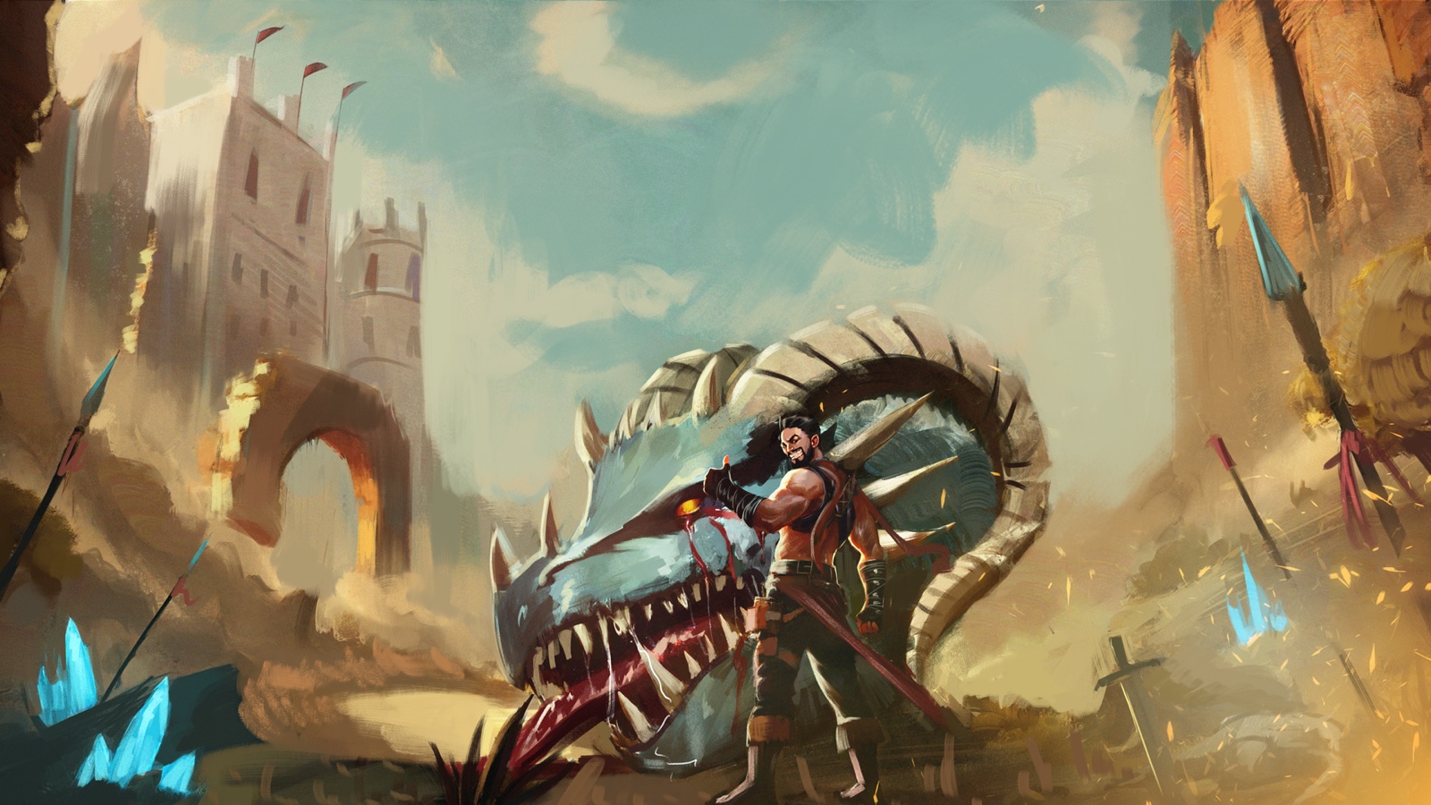 Thom'Anim — bannière de chaîne : illustration épique fantasy, un guerrier et sa créature serpent dans une citadelle désertique