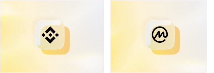 Deux visuels de canal ZAMA en grand, icônes Binance et CoinMarketCap en pastille translucide sur dégradé jaune