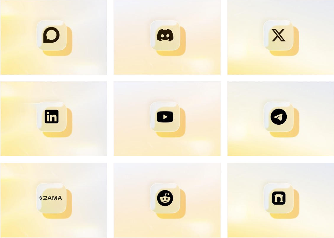 Neuf visuels de canal ZAMA côte à côte, de Discord à Reddit, même volume et même dégradé