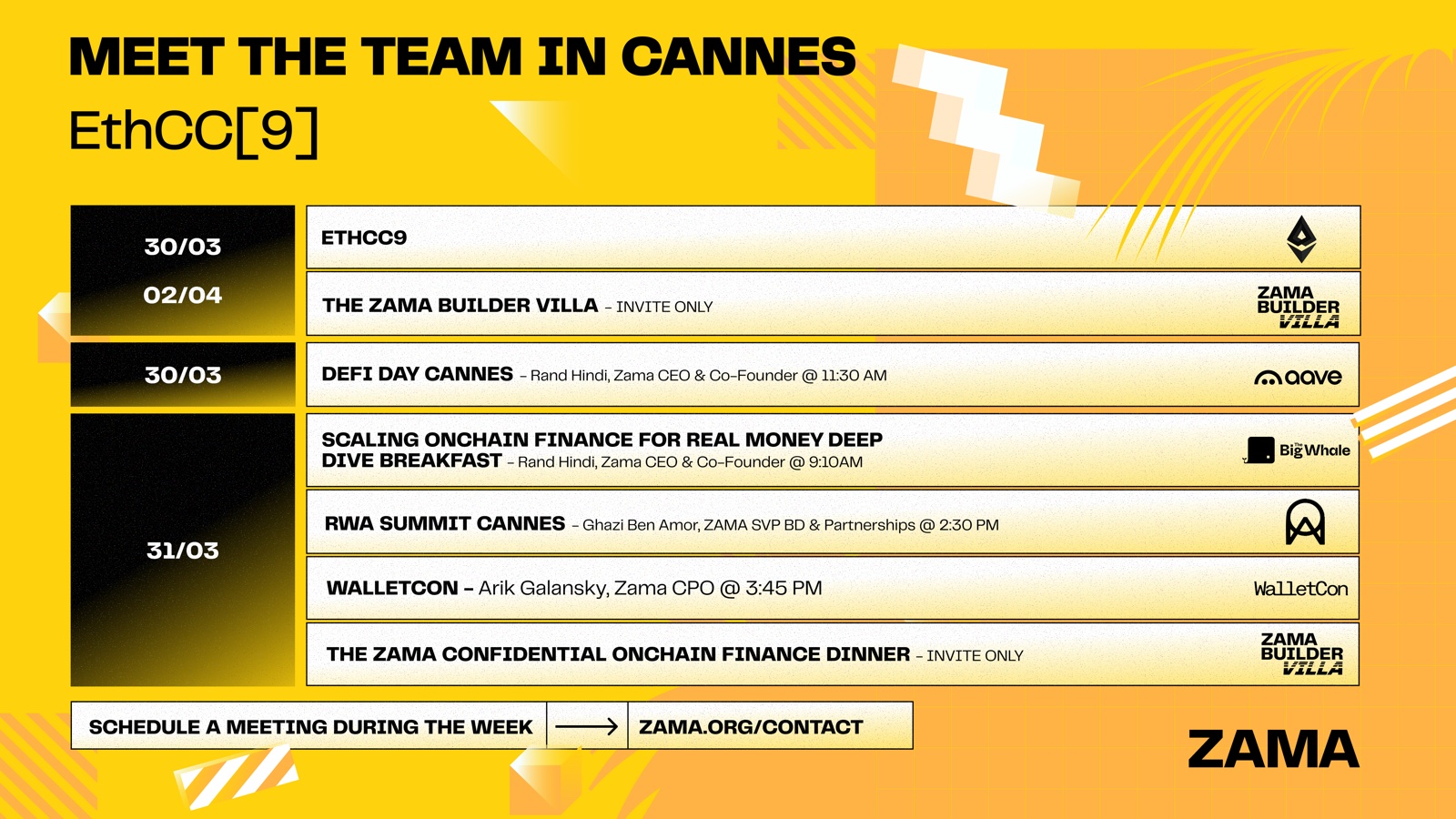 ZAMA — programme « Meet the team in Cannes » pour l'EthCC, habillage de marque jaune