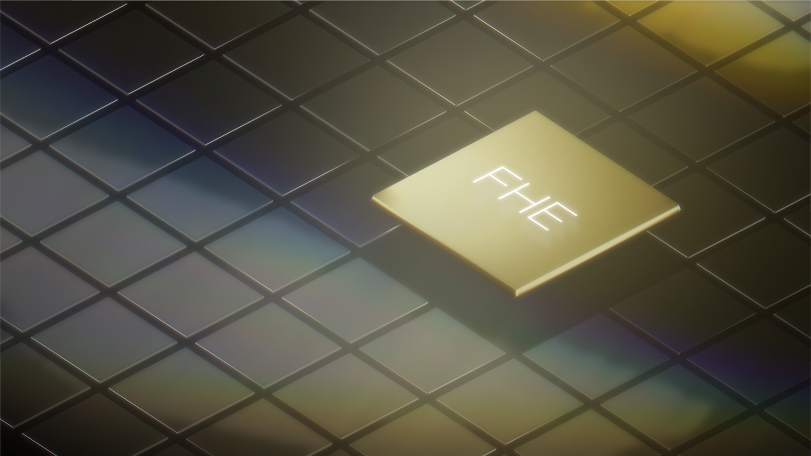 Zama Developer Program : version finale, la puce FHE dorée posée sur la grille en réfraction
