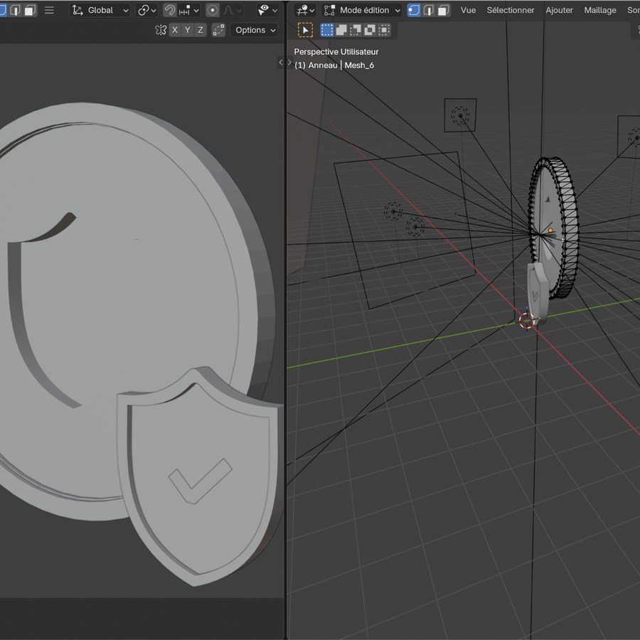 Étape 1 : le jeton modélisé sous Blender, vue d'édition et scène en fil de fer