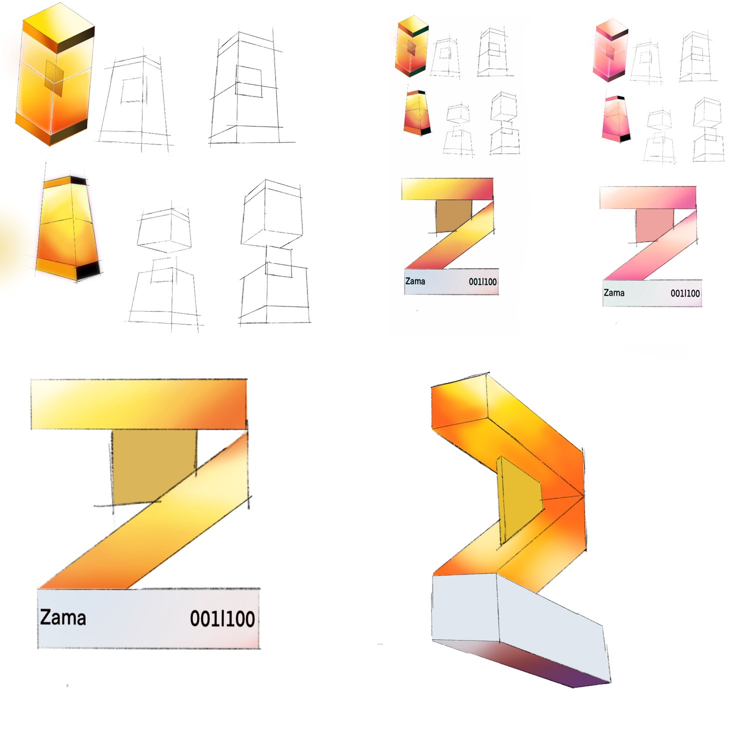 Planche de croquis et de volumes 3D pour le trophée ZAMA, numérotation 001 sur 100