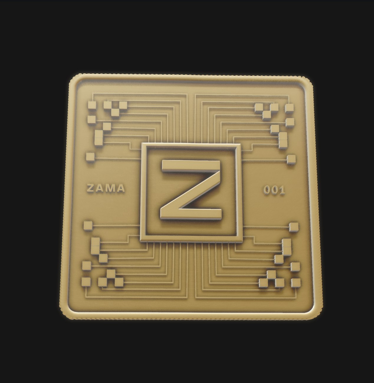 Rendu 3D de la pièce ZAMA en laiton, monogramme gravé au centre d'un circuit imprimé, numéro 001