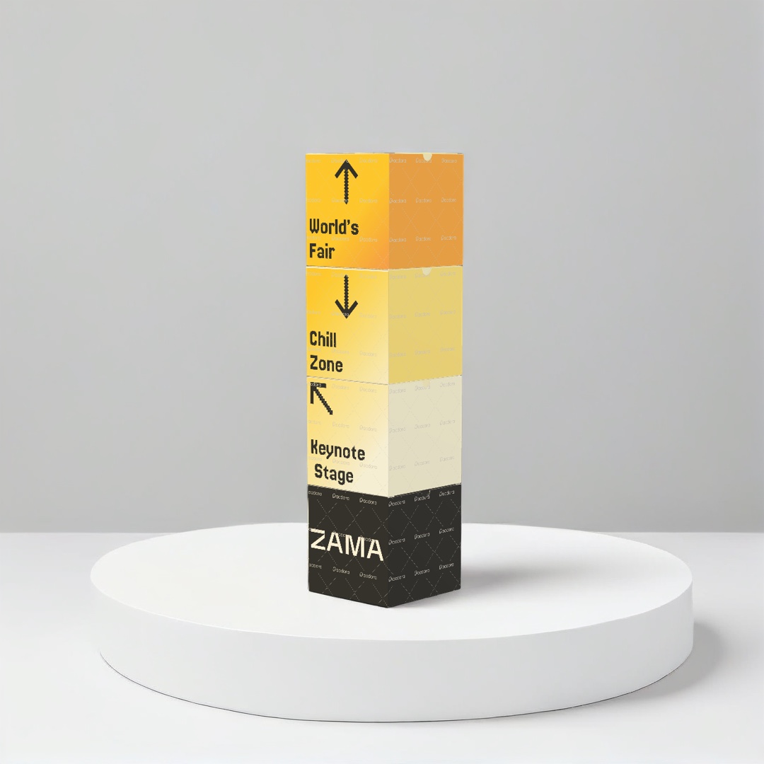 ZAMA — totem de signalétique d'événement (mockup 3D) : World's Fair, Chill Zone, Keynote Stage