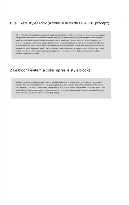 Kit de prompts, première colonne : le bloc de style fixe et le bloc d'interdits