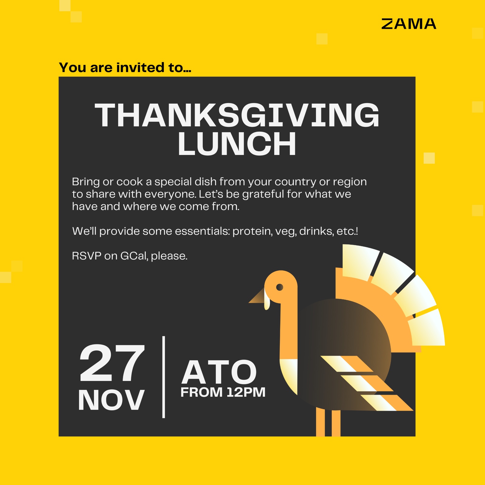 ZAMA — invitation interne au Thanksgiving lunch, illustration de dinde stylisée