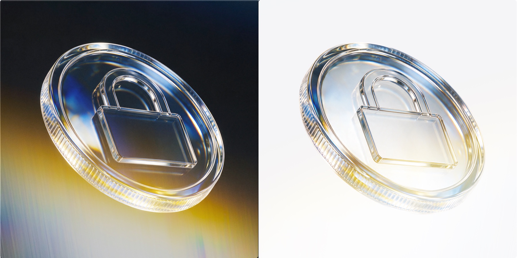Jeton au cadenas en verre optique, versions sombre et claire côte à côte