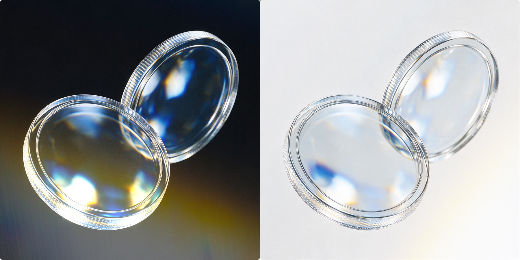 Deux jetons en verre appuyés l'un sur l'autre, versions sombre et claire côte à côte