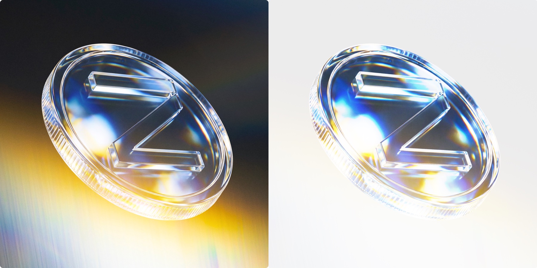 Le jeton ZAMA en verre optique, version sombre à gauche et version claire à droite