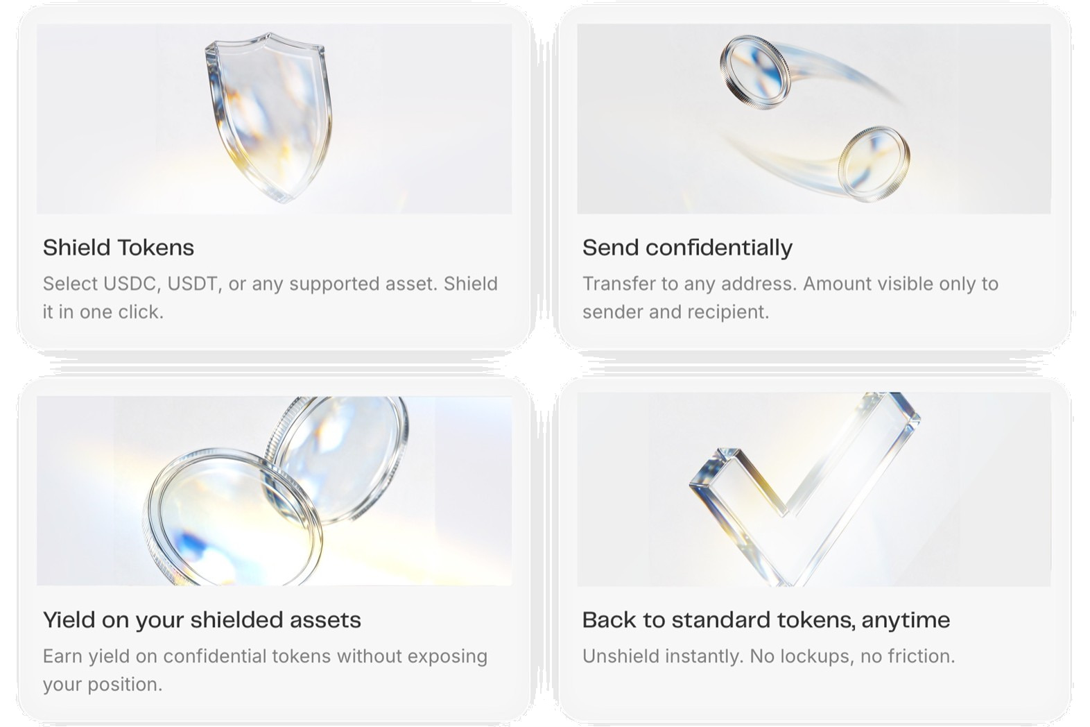 Les icônes en verre ZAMA en place dans quatre cartes du site, Shield Tokens, Send confidentially, Yield on your shielded assets, Back to standard tokens