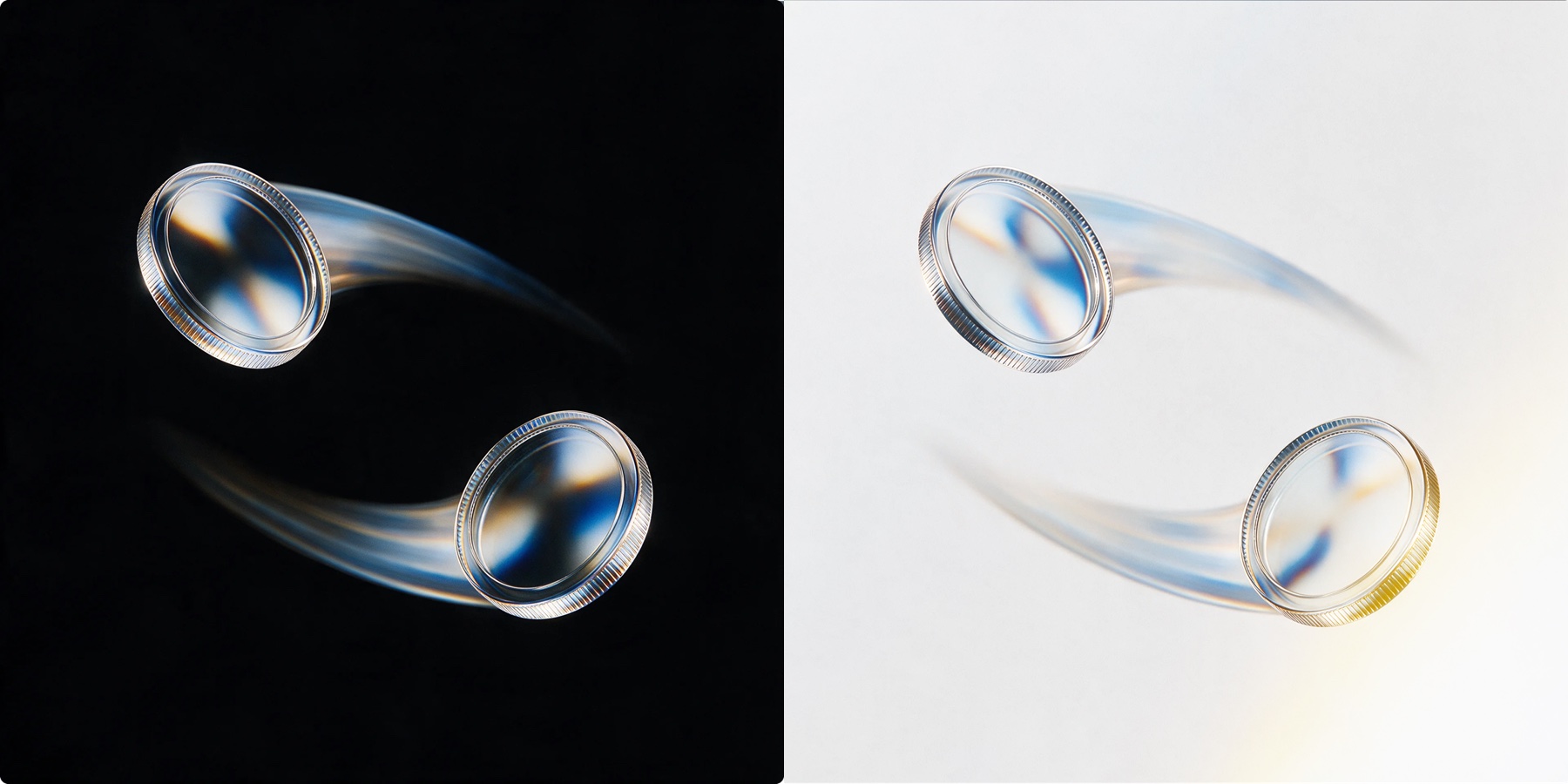 Deux jetons en verre en mouvement avec filé, versions sombre et claire côte à côte