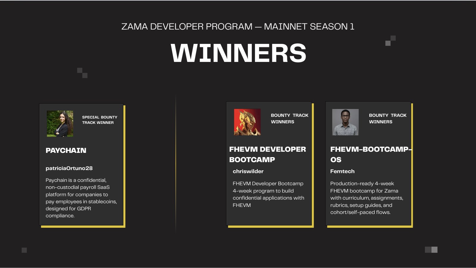 Annonce des lauréats du ZAMA Developer Program, version sombre, trois cartes projet